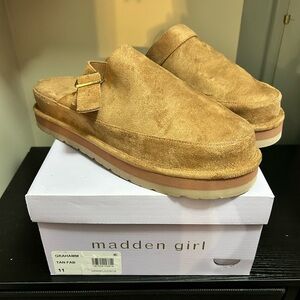Madden Girl Tan Suede Slip-On Clog with Buckle Accent